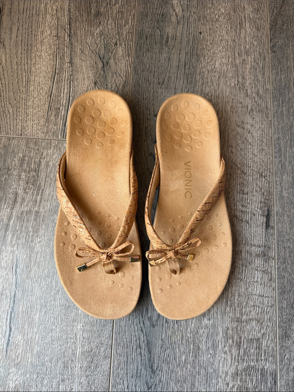 Vionic Tan Bow Thong Sandals with Gold Bead Accents - Picture 2 of 8